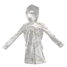 Load image into Gallery viewer, Abstract White Polygon with Gold Line Womens Hooded Rain Mac by The Photo Access
