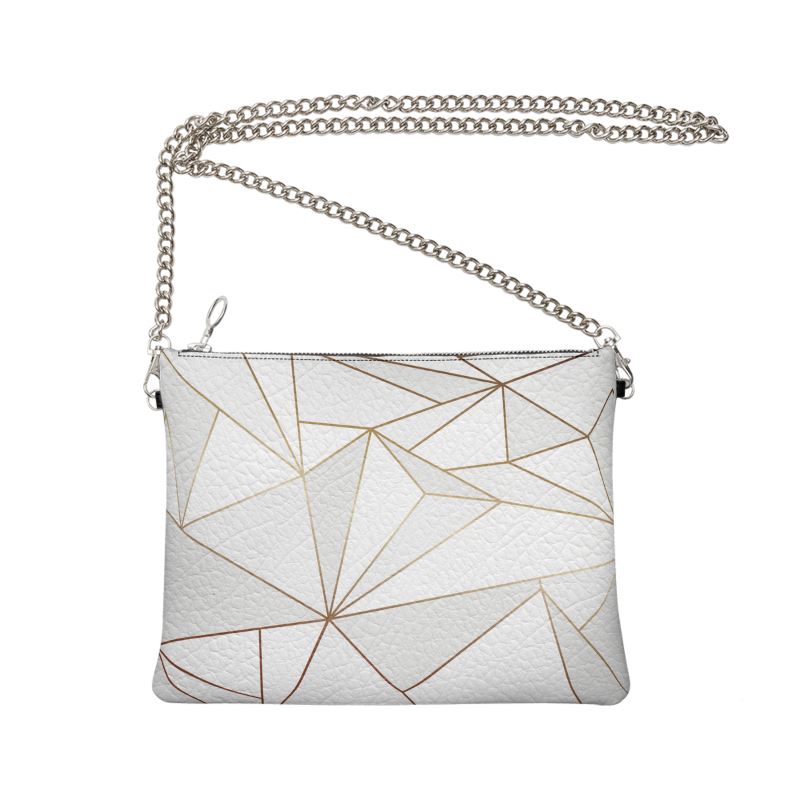 Abstract White Polygon with Gold Line Crossbody Bag With Chain by The Photo Access