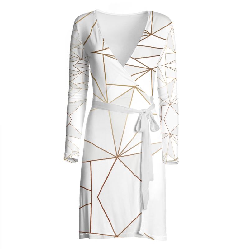Abstract White Polygon with Gold Line Wrap Dress by The Photo Access
