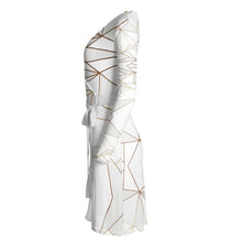Load image into Gallery viewer, Abstract White Polygon with Gold Line Wrap Dress by The Photo Access
