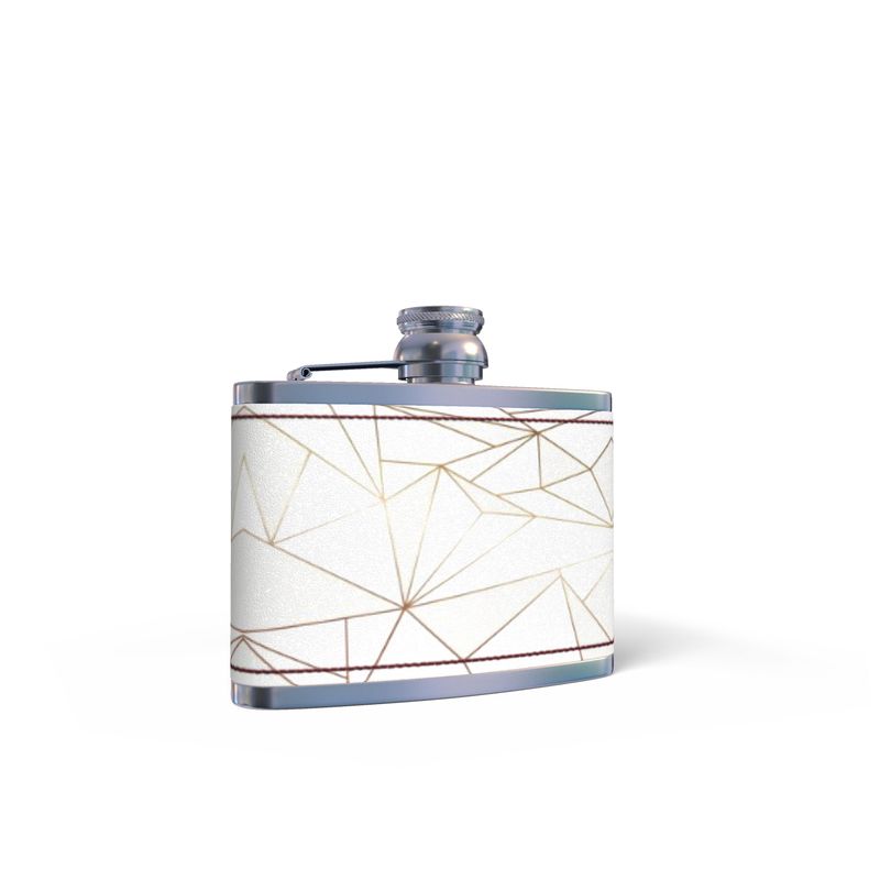 Abstract White Polygon with Gold Line Leather Wrapped Hip Flask by The Photo Access