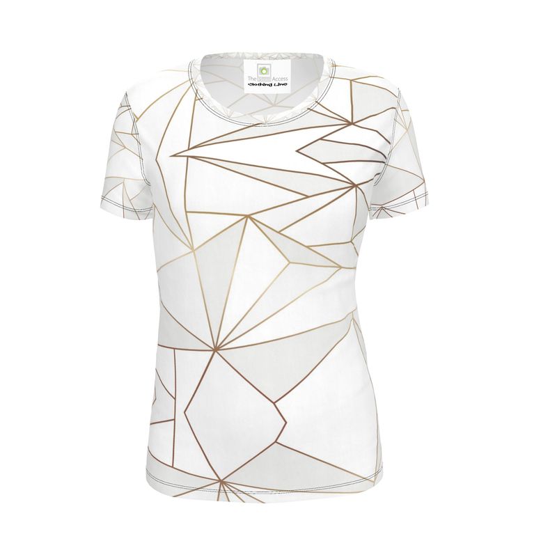 Abstract White Polygon with Gold Line Ladies Cut and Sew T-Shirt by The Photo Access