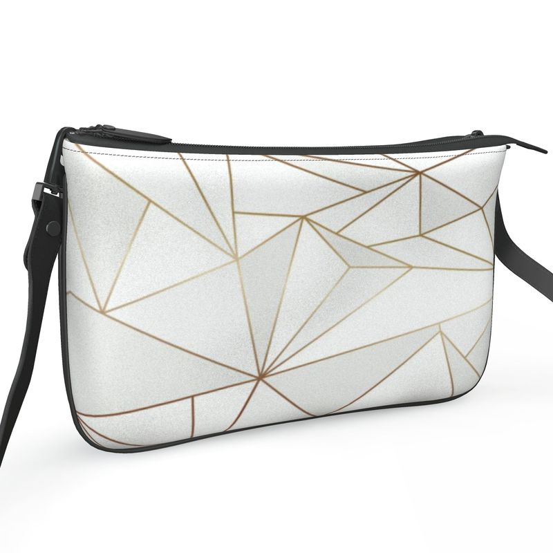Abstract White Polygon with Gold Line Pochette Double Zip Bag by The Photo Access