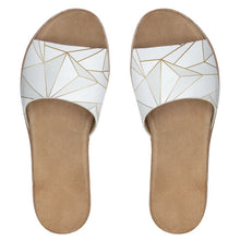Lade das Bild in den Galerie-Viewer, Abstract White Polygon with Gold Line Womens Leather Sliders by The Photo Access
