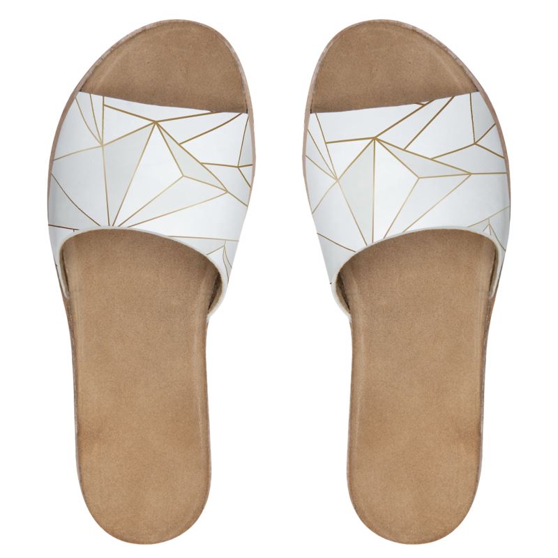 Abstract White Polygon with Gold Line Womens Leather Sliders by The Photo Access