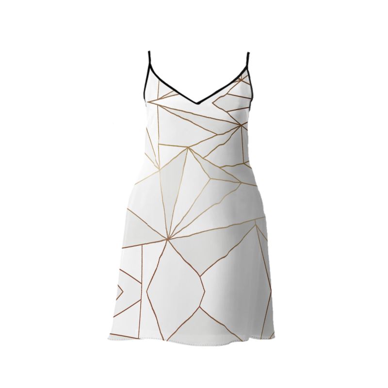 Abstract White Polygon with Gold Line Slip Dress by The Photo Access