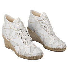 Load image into Gallery viewer, Abstract White Polygon with Gold Line Ladies Wedge Espadrilles by The Photo Access
