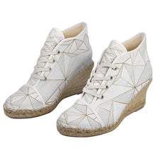 Load image into Gallery viewer, Abstract White Polygon with Gold Line Ladies Wedge Espadrilles by The Photo Access
