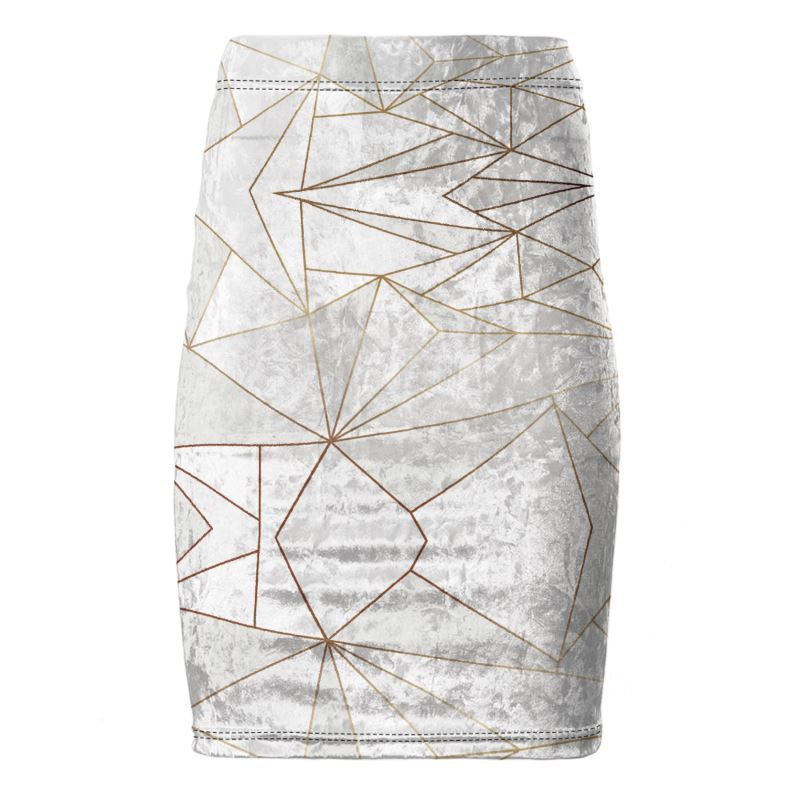 Abstract White Polygon with Gold Line Pencil Skirt by The Photo Access