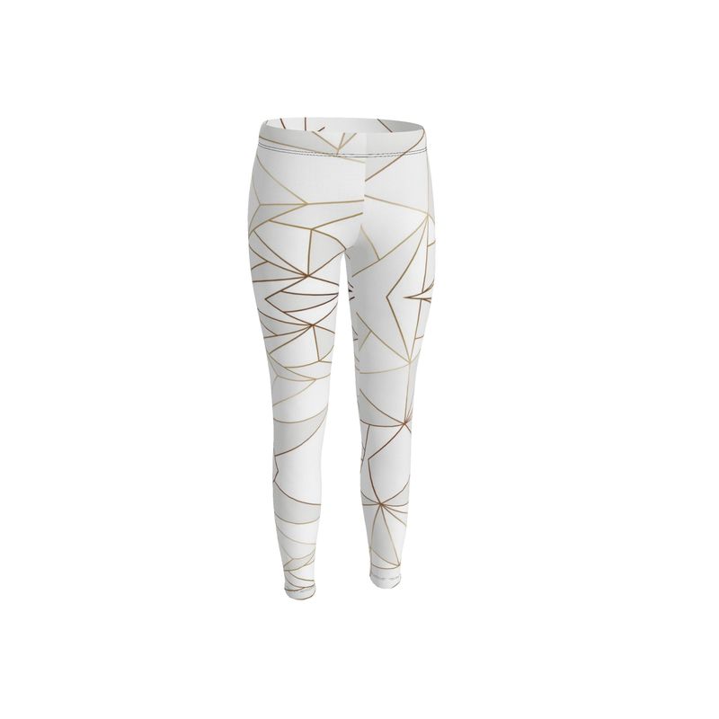Abstract White Polygon with Gold Line Leggings by The Photo Access