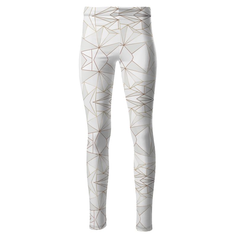 Abstract White Polygon with Gold Line High Waisted Leggings by The Photo Access