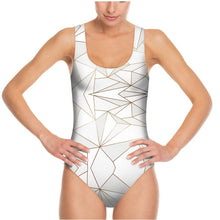 Lade das Bild in den Galerie-Viewer, Abstract White Polygon with Gold Line Swimsuit by The Photo Access
