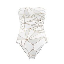 गैलरी व्यूवर में इमेज लोड करें, Abstract White Polygon with Gold Line Strapless Swimsuit by The Photo Access
