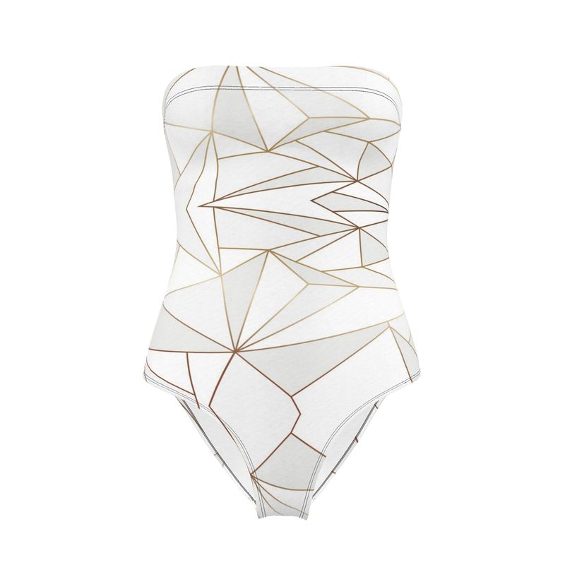 Abstract White Polygon with Gold Line Strapless Swimsuit by The Photo Access
