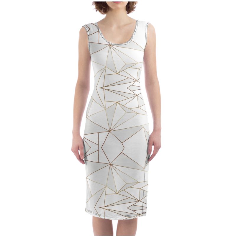 Abstract White Polygon with Gold Line Bodycon Dress by The Photo Access