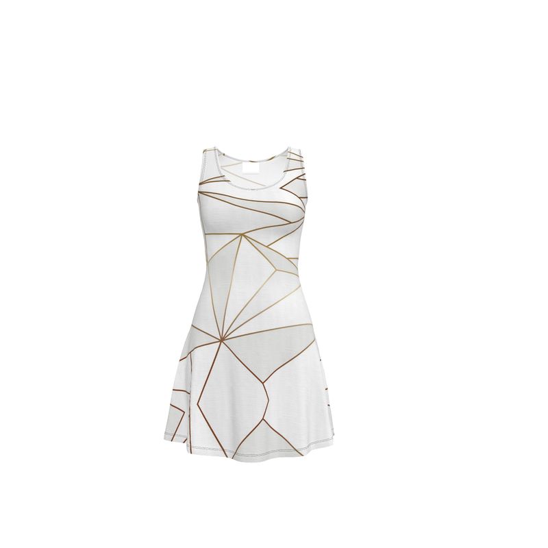 Abstract White Polygon with Gold Line Skater Dress by The Photo Access