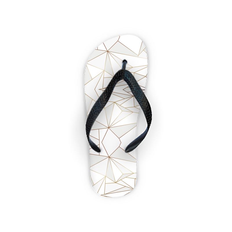 Abstract White Polygon with Gold Line Flip Flops by The Photo Access