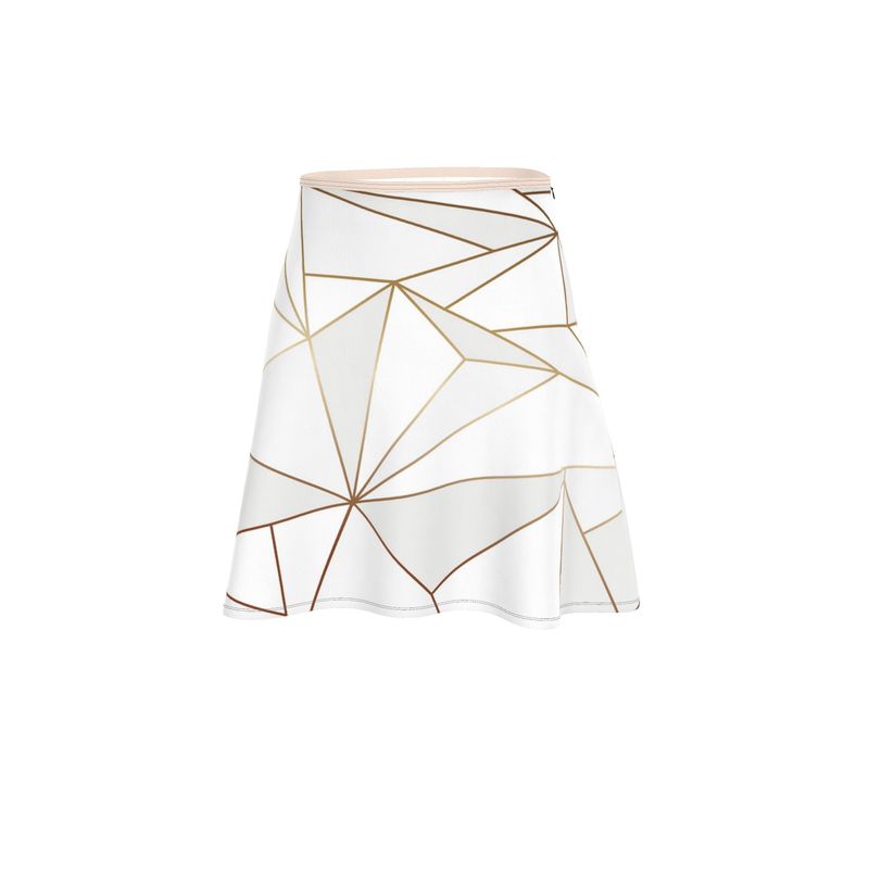 Abstract White Polygon with Gold Line Flared Skirt by The Photo Access