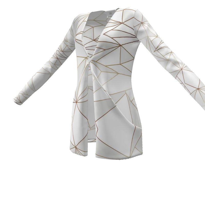Abstract White Polygon with Gold Line Ladies Cardigan With Pockets by The Photo Access