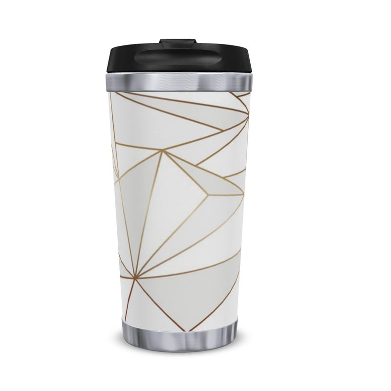 Abstract White Polygon with Gold Line Travel Mug by The Photo Access