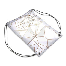 Load image into Gallery viewer, Abstract White Polygon with Gold Line Drawstring Sports Bag by The Photo Access

