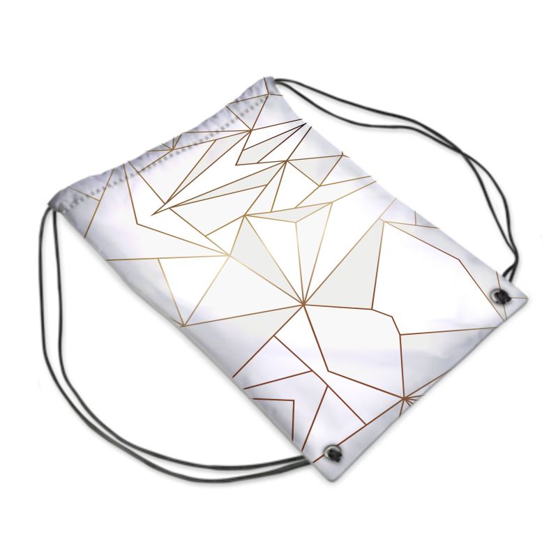 Abstract White Polygon with Gold Line Drawstring Sports Bag by The Photo Access