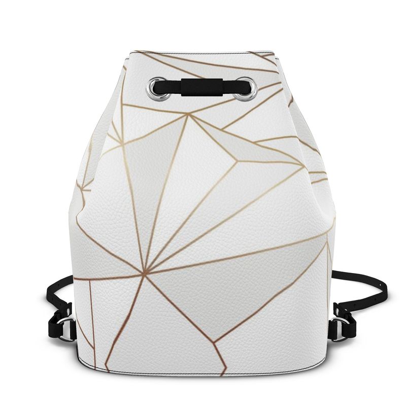 Abstract White Polygon with Gold Line Bucket Backpack by The Photo Access