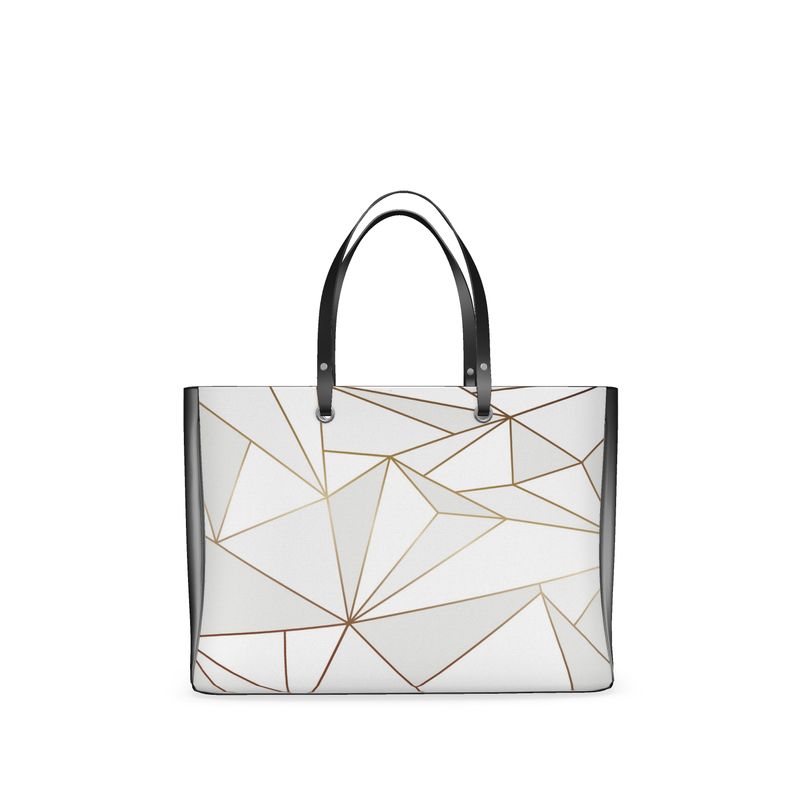 Abstract White Polygon with Gold Line Handbags by The Photo Access