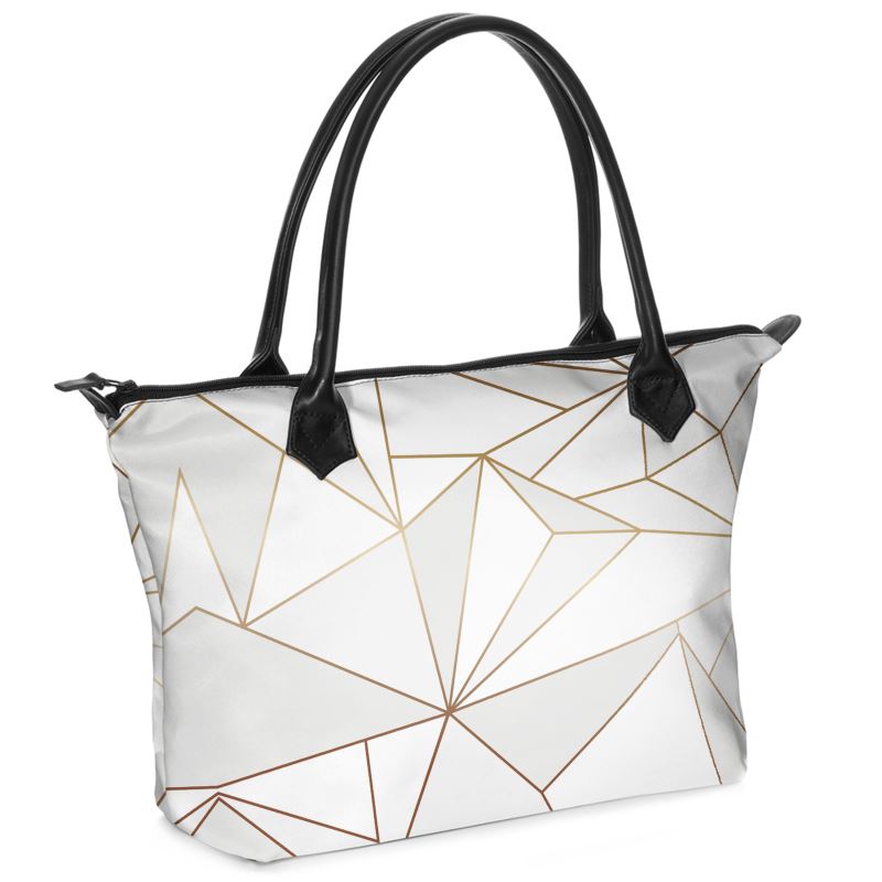 Abstract White Polygon with Gold Line Zip Top Handbags by The Photo Access