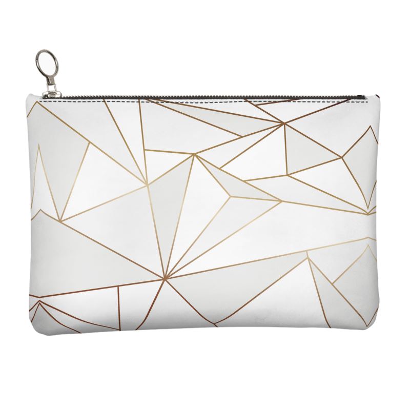 Abstract White Polygon with Gold Line Leather Clutch Bag by The Photo Access