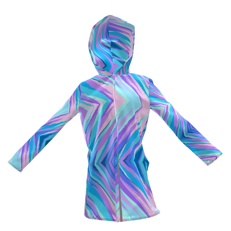 Blue Pink Abstract Eighties Womens Hooded Rain Mac by The Photo Access