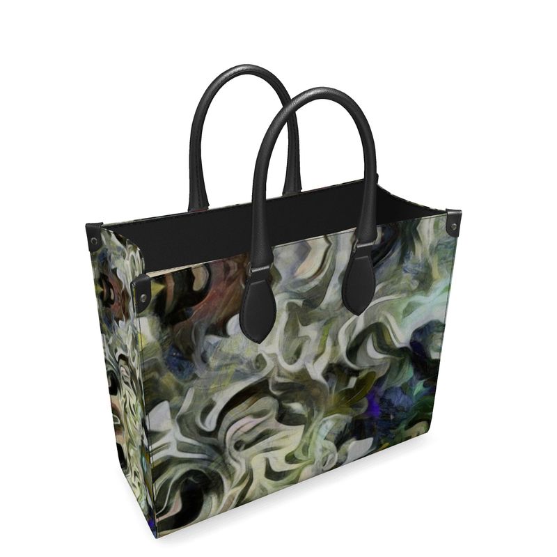 Abstract Fluid Lines of Movement Muted Tones High Fashion Leather Shopper Bag by The Photo Access