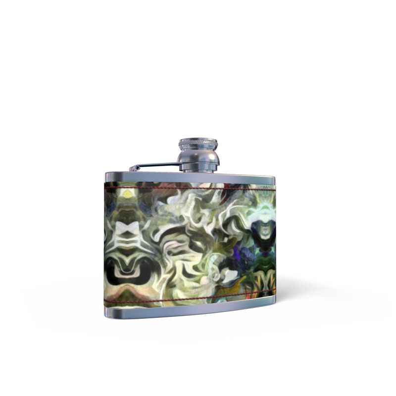 Abstract Fluid Lines of Movement Muted Tones High Fashion Leather Wrapped Hip Flask by The Photo Access