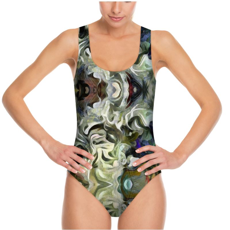 Abstract Fluid Lines of Movement Muted Tones High Fashion Custom Swimsuit by The Photo Access
