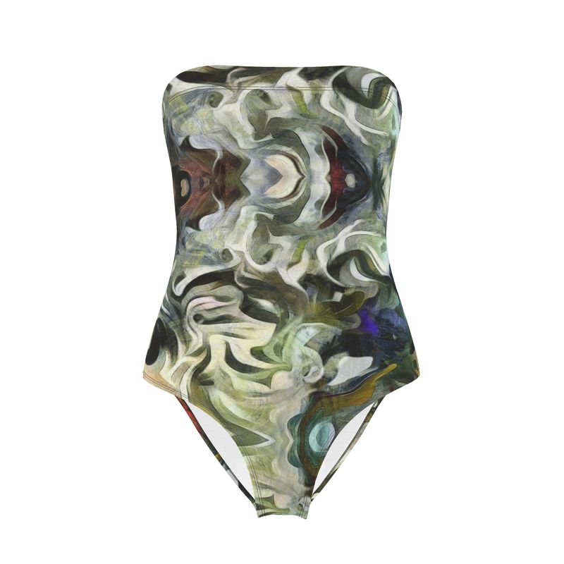 Abstract Fluid Lines of Movement Muted Tones High Fashion Strapless Swimsuit by The Photo Access