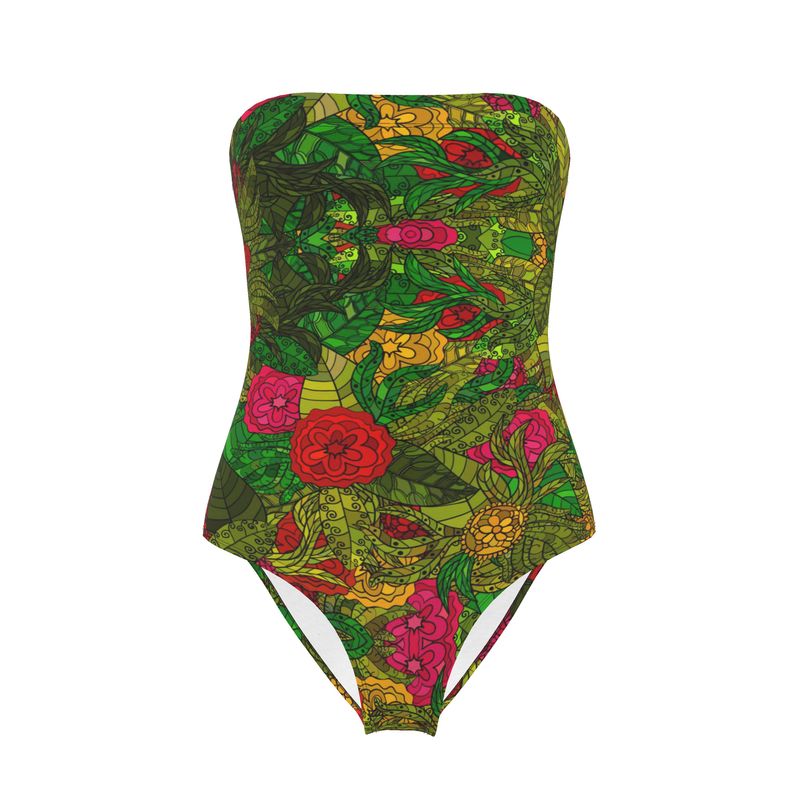 Hand Drawn Floral Seamless Pattern Strapless Swimsuit by The Photo Access