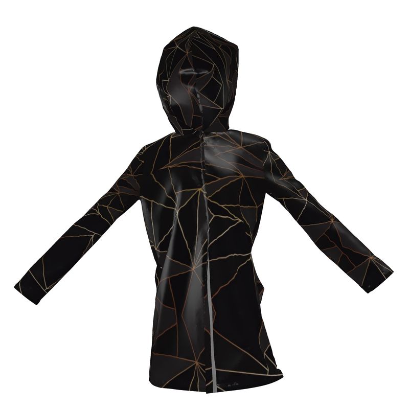 Abstract Black Polygon with Gold Line Womens Hooded Rain Mac by The Photo Access