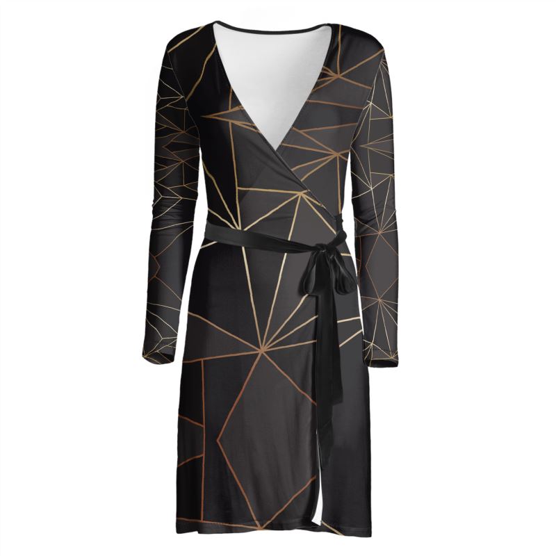 Abstract Black Polygon with Gold Line Wrap Dress by The Photo Access