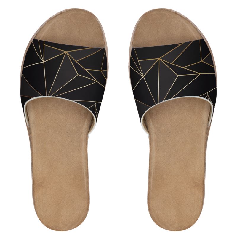 Abstract Black Polygon with Gold Line Womens Leather Sliders by The Photo Access