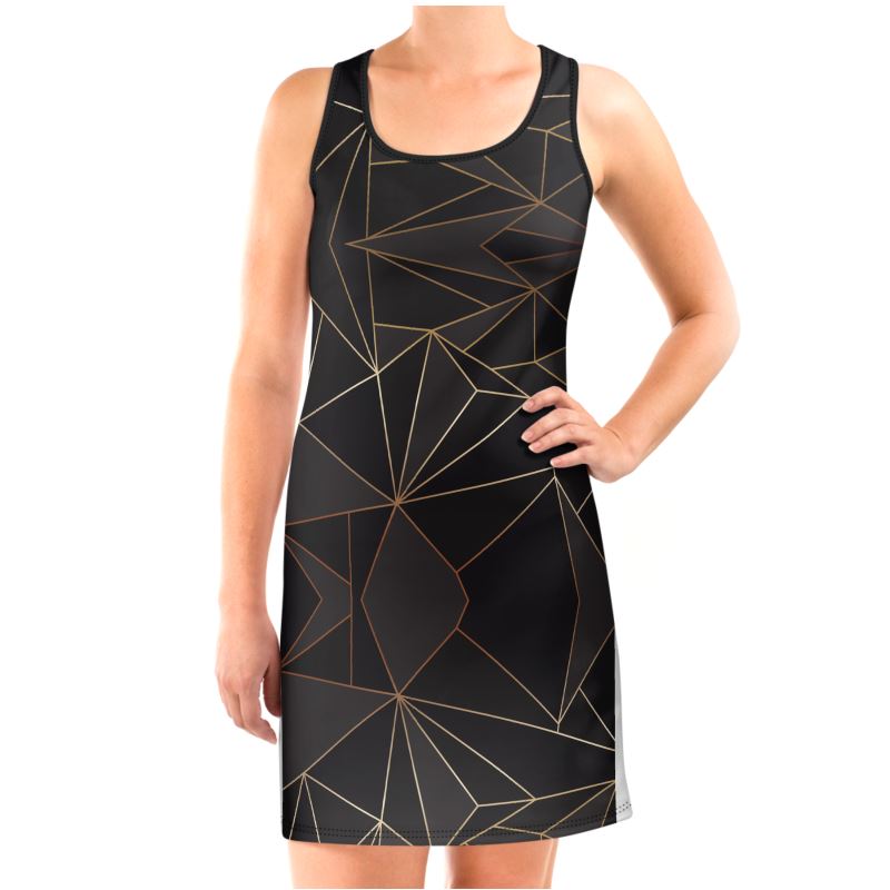 Abstract Black Polygon with Gold Line Halter Dress by The Photo Access