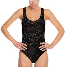 将图片加载到图库查看器，Abstract Black Polygon with Gold Line Swimsuit by The Photo Access
