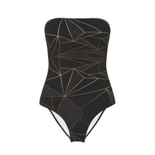 Cargar imagen en el visor de la galería, Abstract Black Polygon with Gold Line Strapless Swimsuit by The Photo Access
