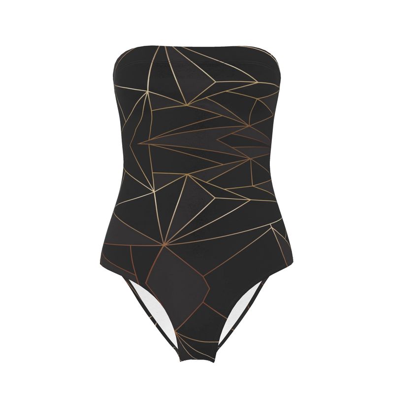 Abstract Black Polygon with Gold Line Strapless Swimsuit by The Photo Access