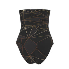 Cargar imagen en el visor de la galería, Abstract Black Polygon with Gold Line Strapless Swimsuit by The Photo Access

