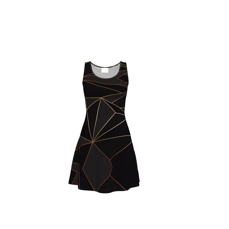 Abstract Black Polygon with Gold Line Skater Dress by The Photo Access