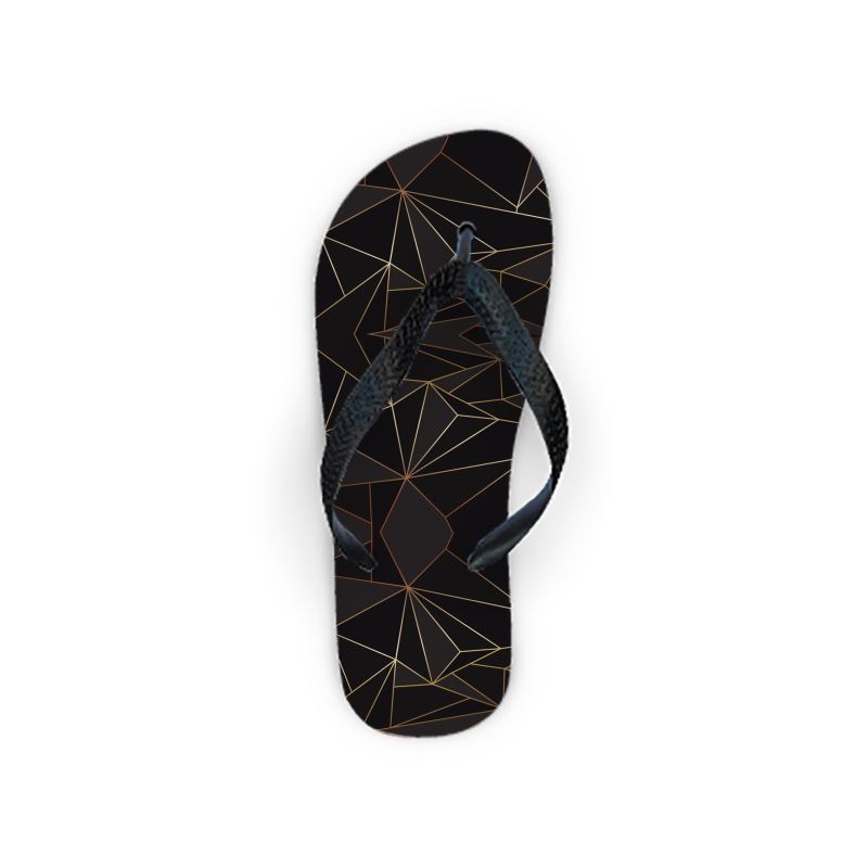 Abstract Black Polygon with Gold Line Flip Flops by The Photo Access