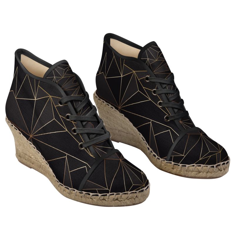 Abstract Black Polygon with Gold Line Ladies Wedge Espadrilles by The Photo Access