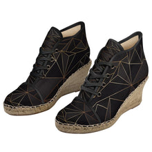 Cargar imagen en el visor de la galería, Abstract Black Polygon with Gold Line Ladies Wedge Espadrilles by The Photo Access
