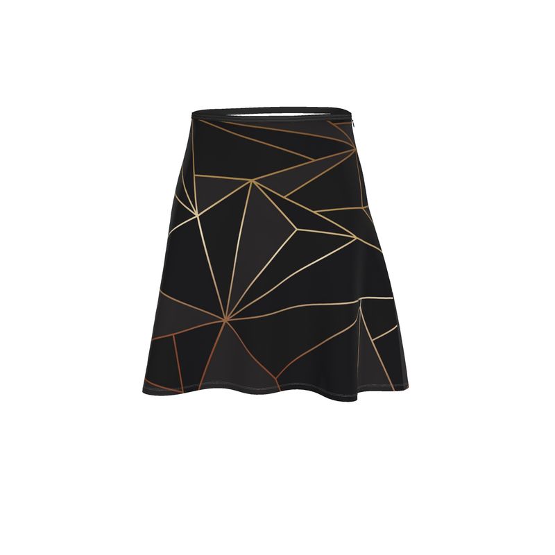 Abstract Black Polygon with Gold Line Flared Skirt by The Photo Access
