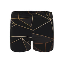 Load image into Gallery viewer, Abstract Black Polygon with Gold Line Swimming Trunks by The Photo Access
